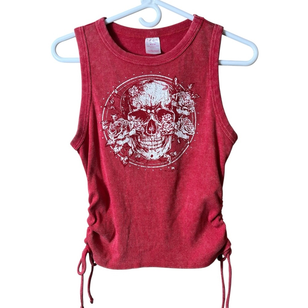 No Boundaries Red Skull Roses Graphic Tank‎ Tie Sides Medium Biker Punk Grunge